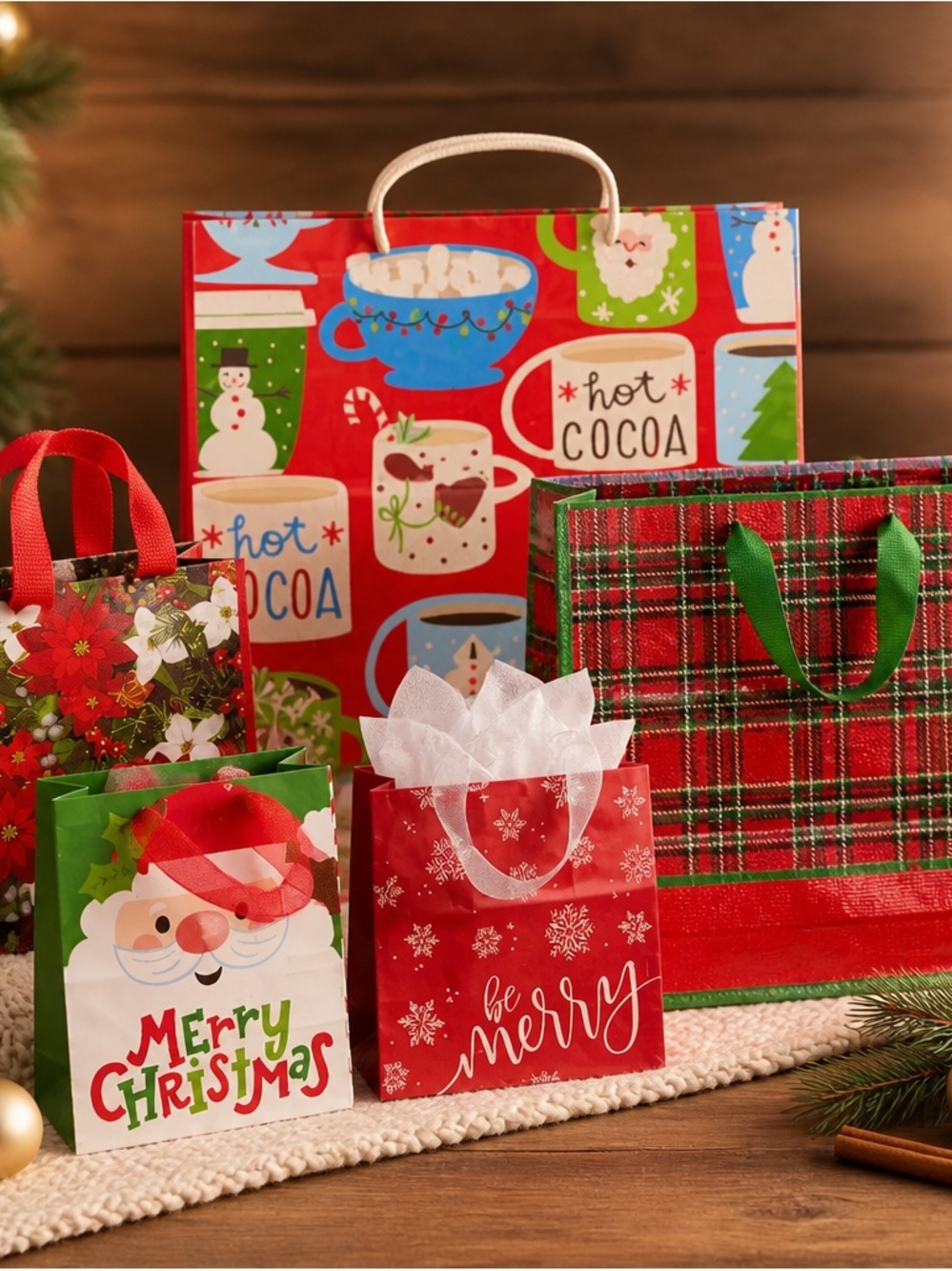 5 Festive Red Holiday Gift Bag Set with Plaid & Cocoa Designs